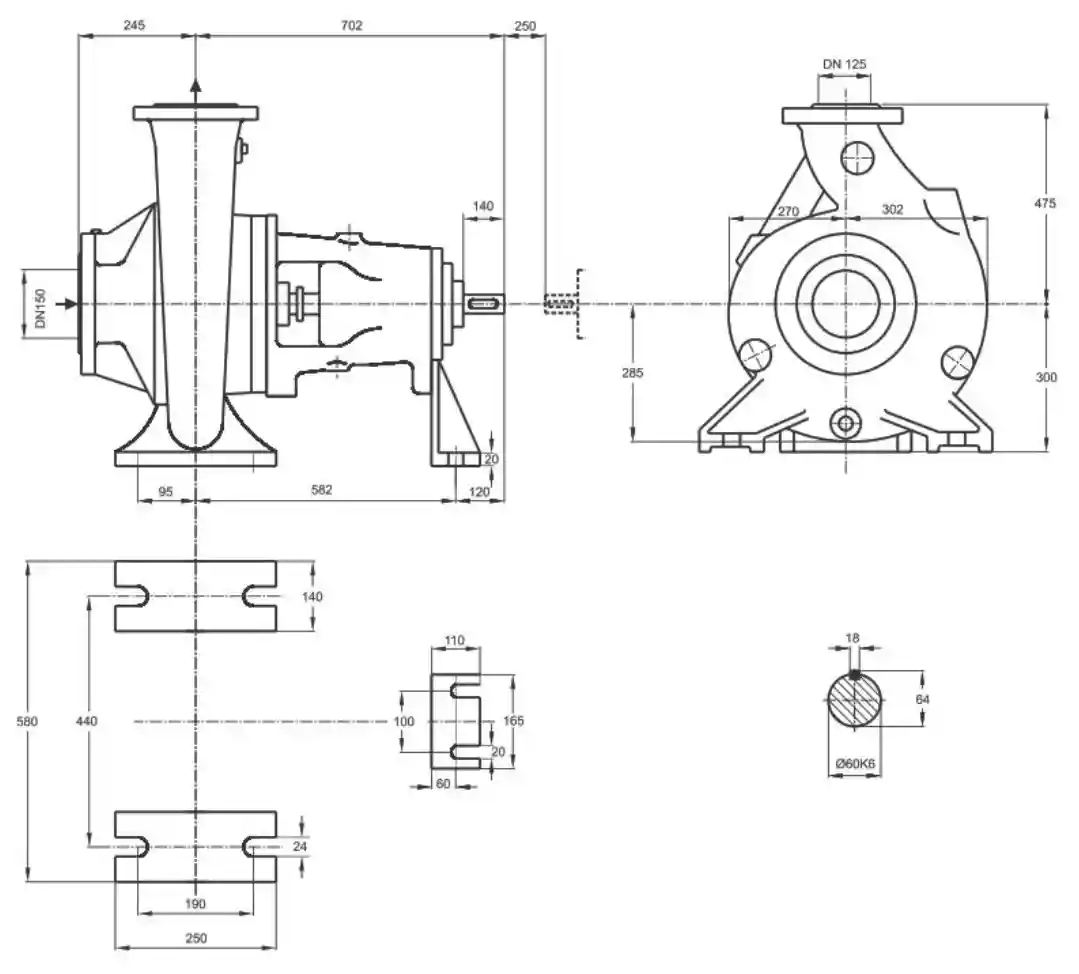 ابعاد پمپ سانتریفیوژ (گریز از مرکز) حلزونی پمپیران سری ER 125-500/2