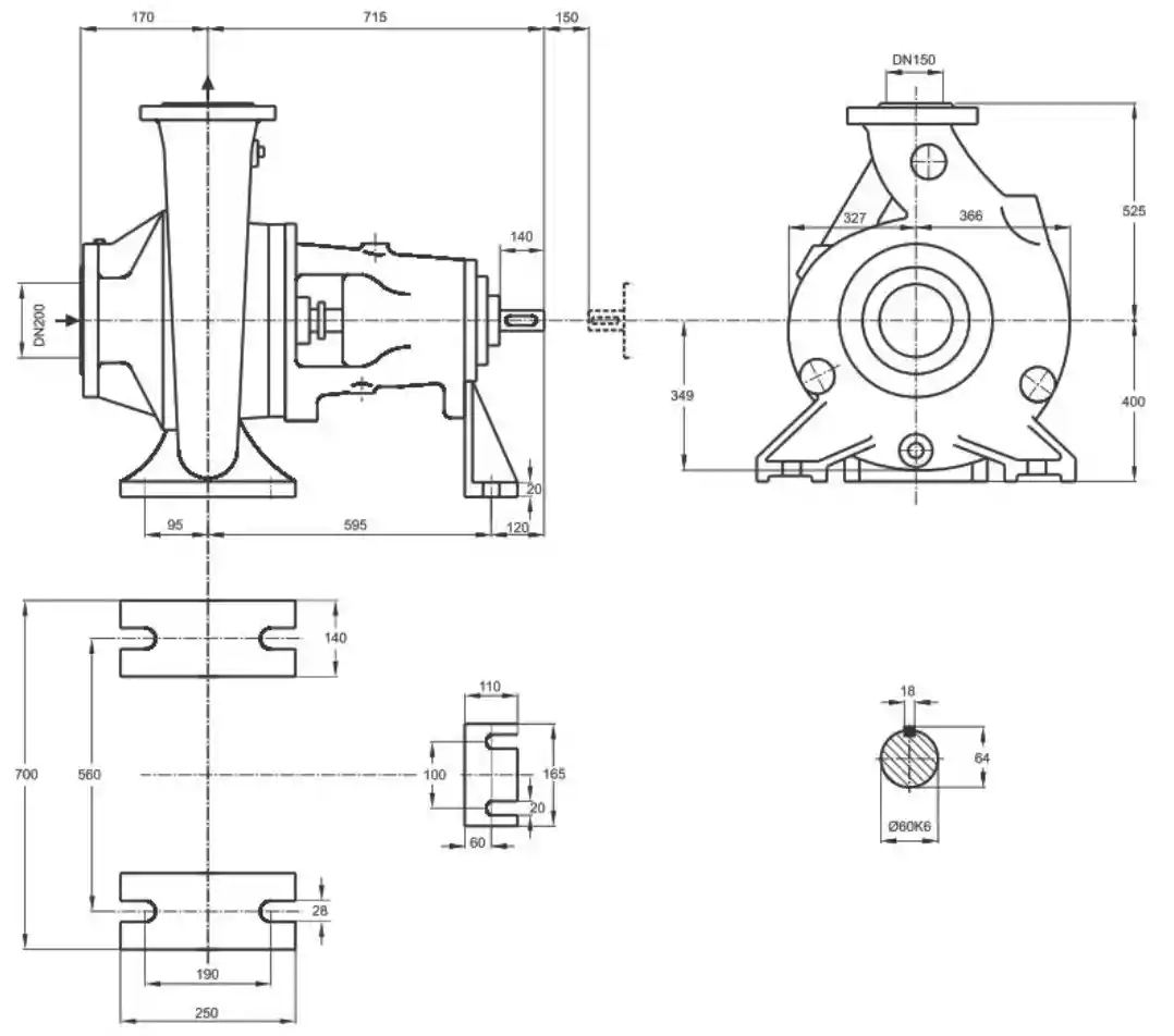 ابعاد پمپ سانتریفیوژ (گریز از مرکز) حلزونی پمپیران سری ER 150-500