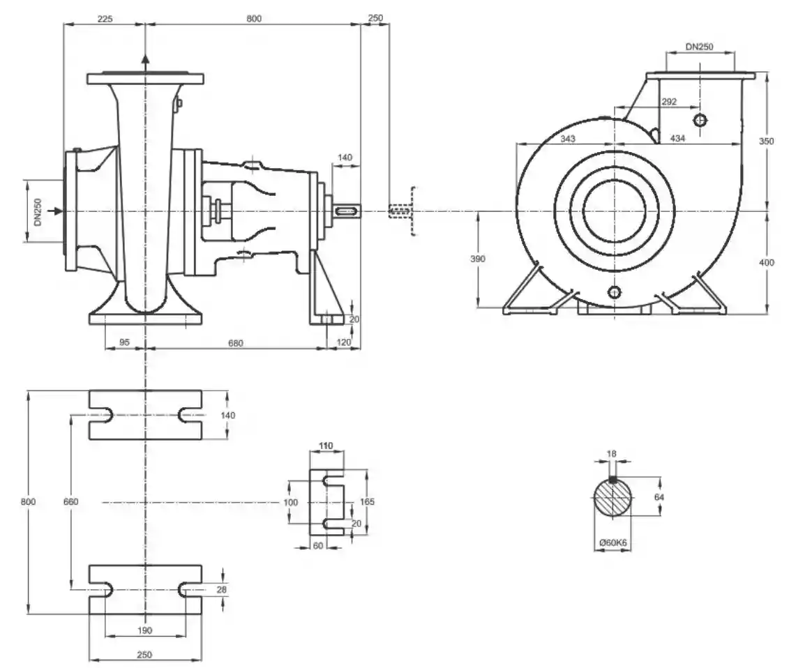 ابعاد پمپ سانتریفیوژ (گریز از مرکز) حلزونی پمپیران سری ER 250-290