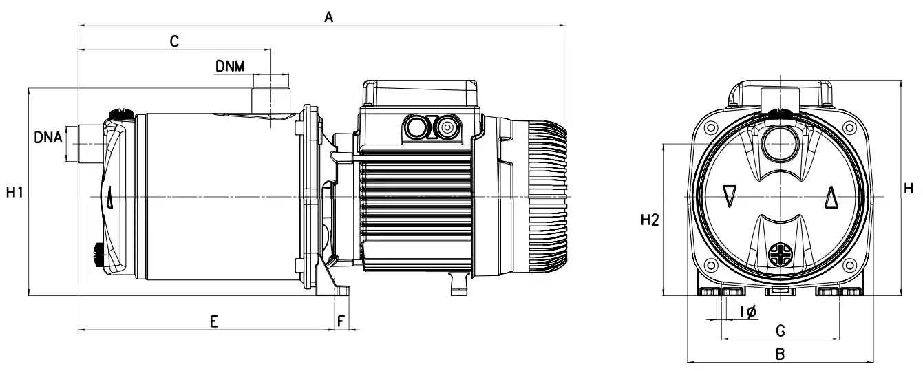 ابعاد پمپ آبرسانی استیل داب (DAB) سری Euroinox (تک فاز) DAB multistage centrifugal pump euroinox series 1Phase